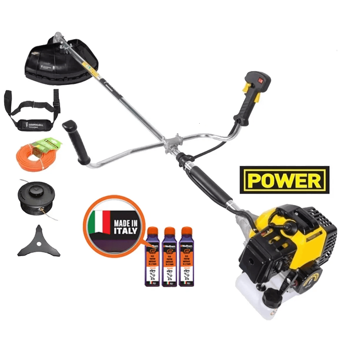 *SUPER*Motocoasa GP-52 POWER, 5 CP, 3 accesorii, ham tip curea