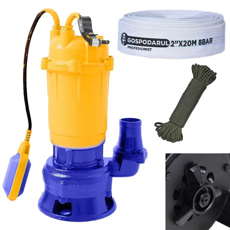 Pompa submersibila de apa murdara cu tocator Kamrad WQCD-2900D, 1300W, 25000 l/h, adancime 8m + furtun 20m, cordelina 6mmx20m