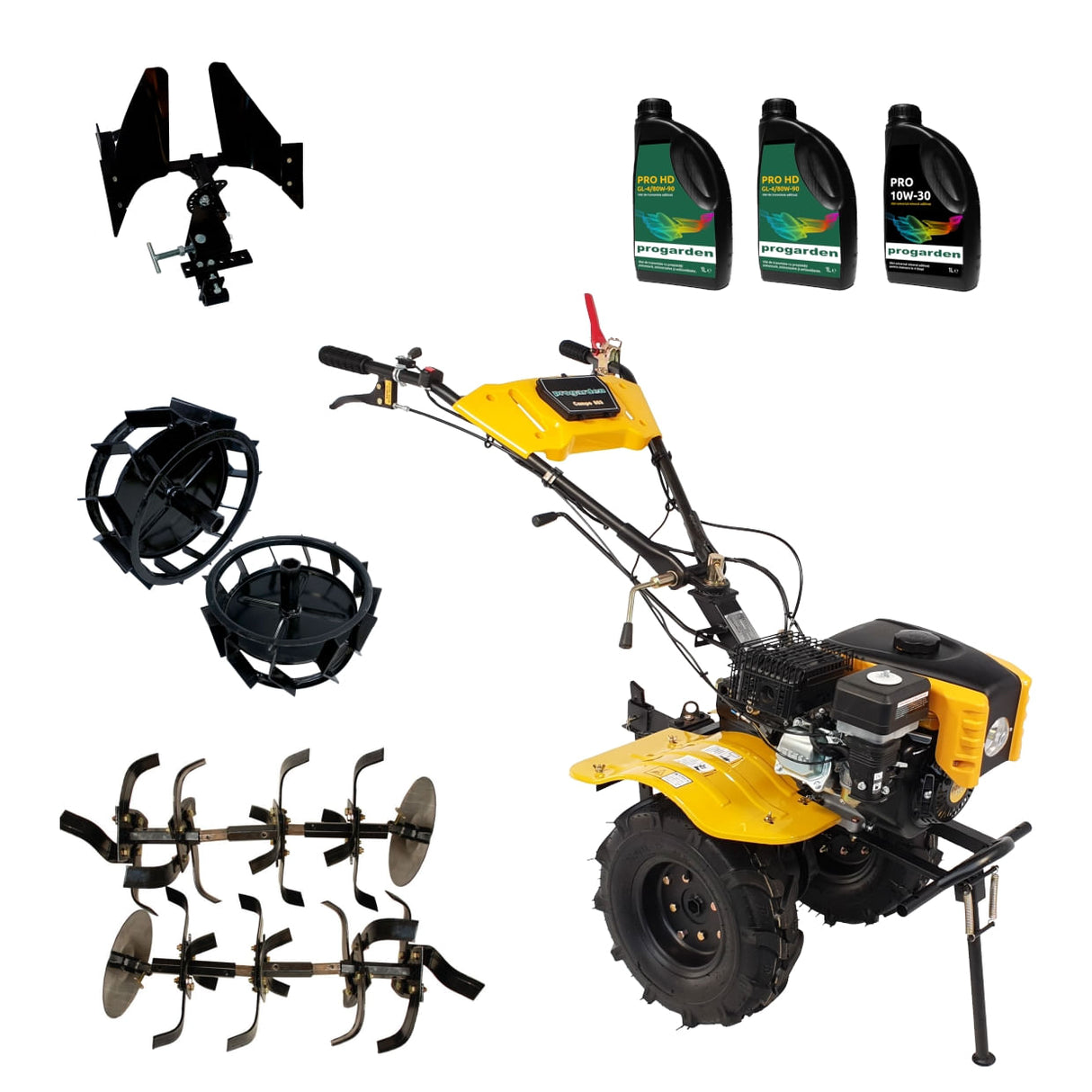 ProGARDEN Pachet motocultor Campo 803, benzina, 7.5CP, 2+1 trepte, 2+1+1 freze, accesorii PR2, ulei 