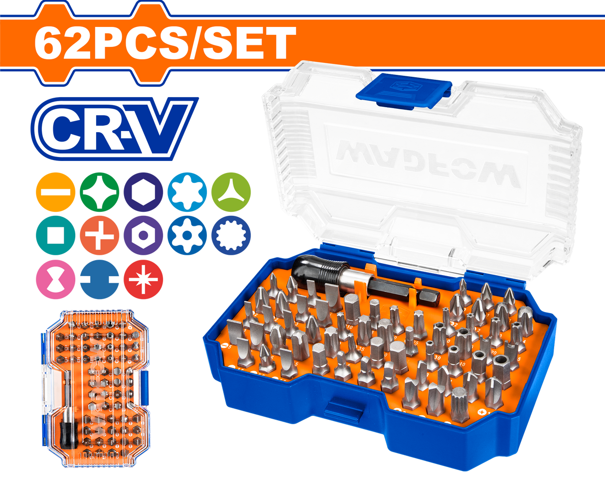 Set biti si adaptor Wadfow, 25mm, Cr-v, 62 piese