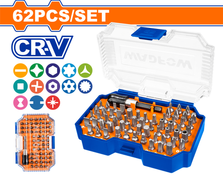 Set biti si adaptor Wadfow, 25mm, Cr-v, 62 piese