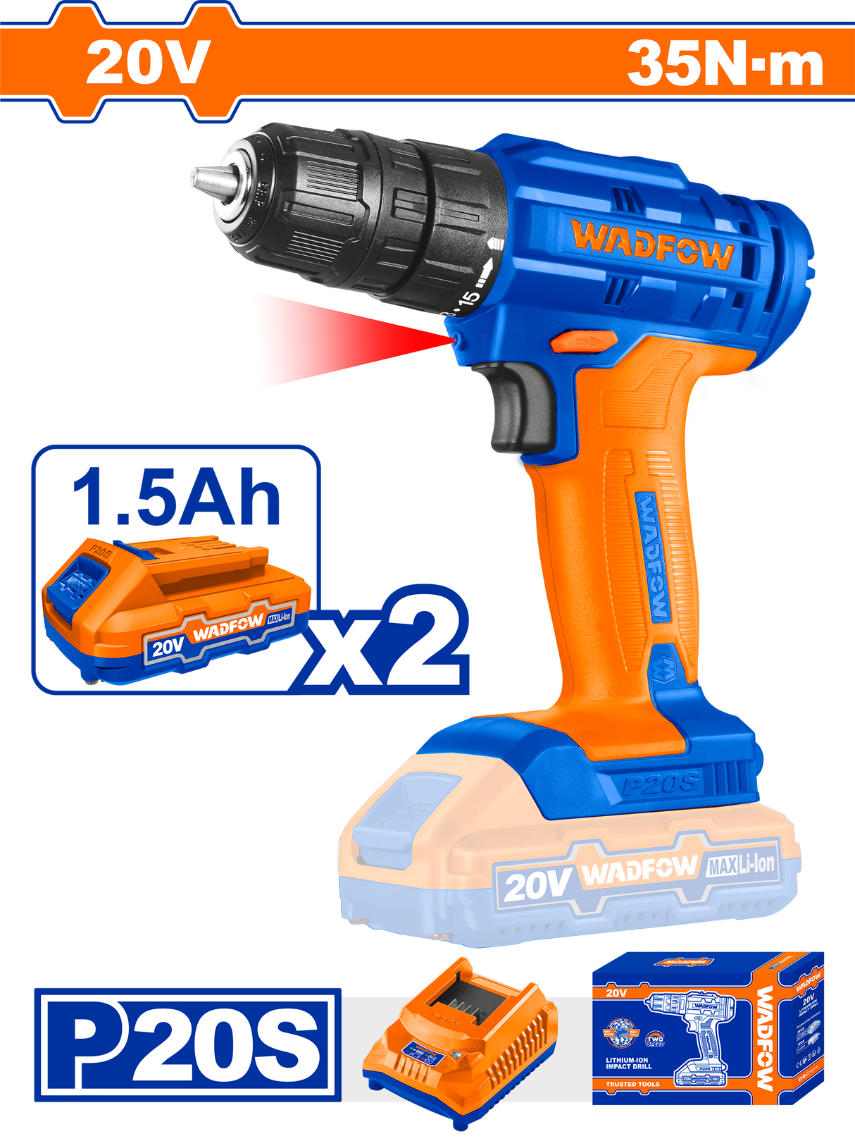 Masina de gaurit si insurubat cu acumulator (bormasina) Wadfow, 20V, 1.5AH, LI-Ion, 1500Rpm, 35Nm, include un incarcator si 2 baterii