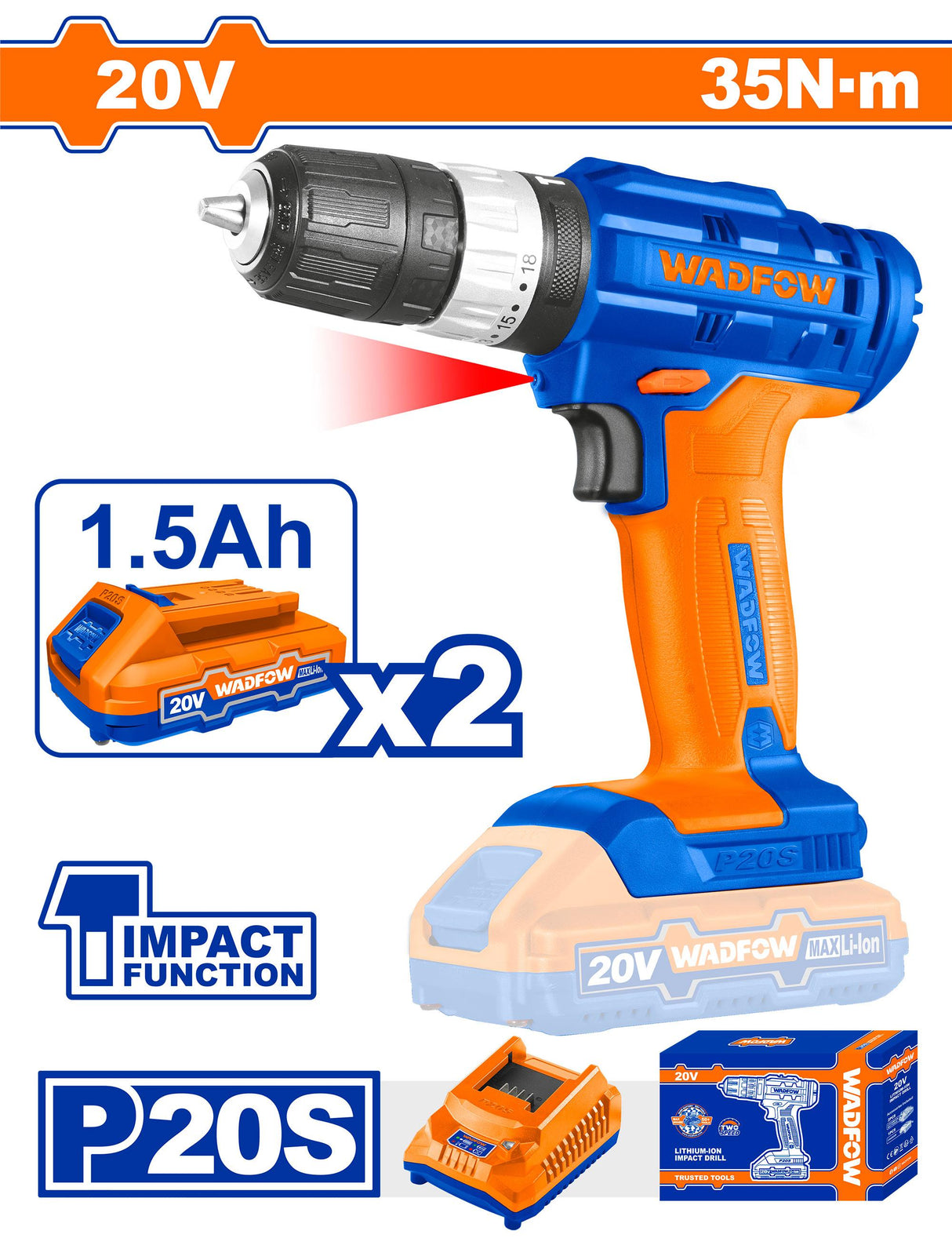 Masina de gaurit cu percutie si acumulator WADFOW, 20V, LI-Ion P20S, 1500RPM, 35 Nm, LED, include incarcator, 2 acumulatori 1.5 Ah