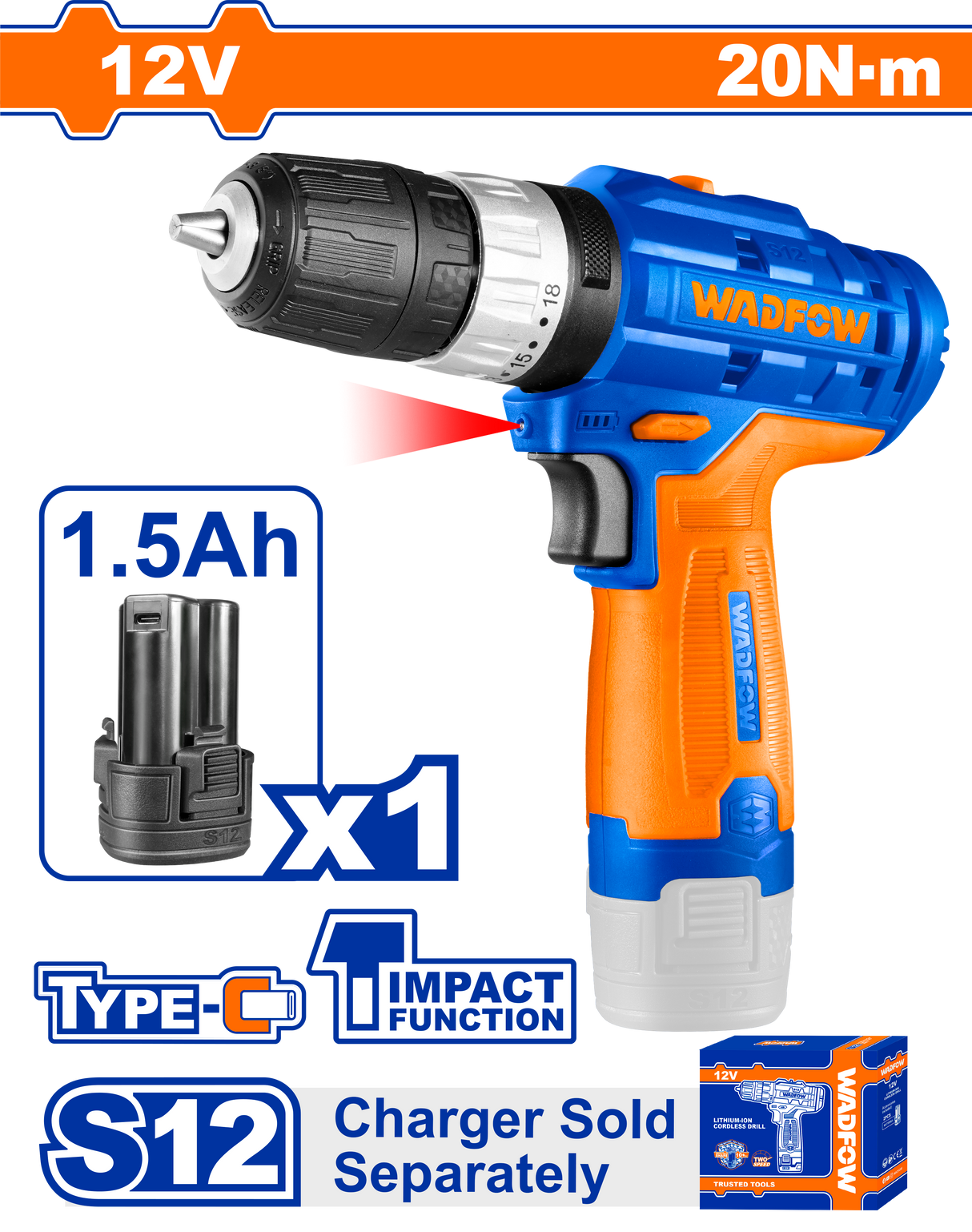 Masina de gaurit si insurubat pe acumulator cu impact Wadfow, 12V, 1.5Ah, 1500rpm, 22500bpm, 20Nm, include baterie, nu include incarcator