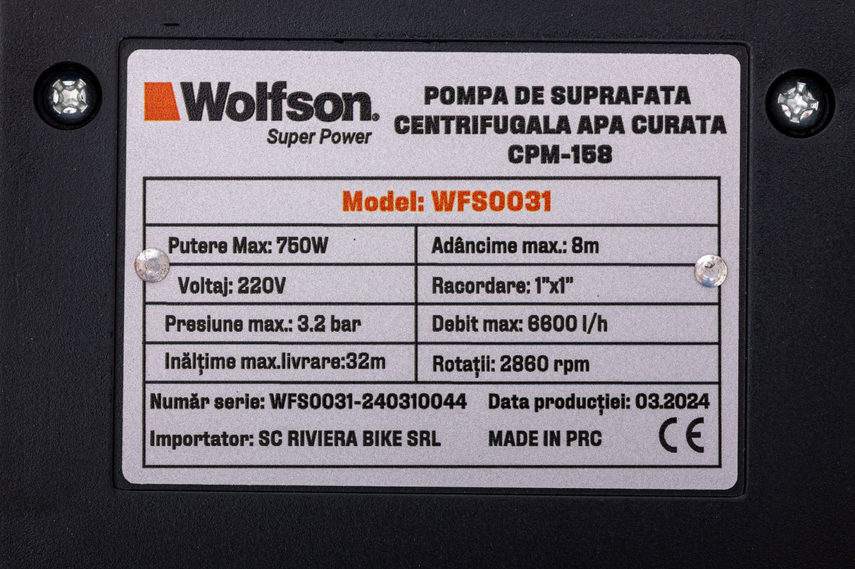 Pompa de suprafata centrifugala Wolfson CPM-158, 750W, 6600 l/h