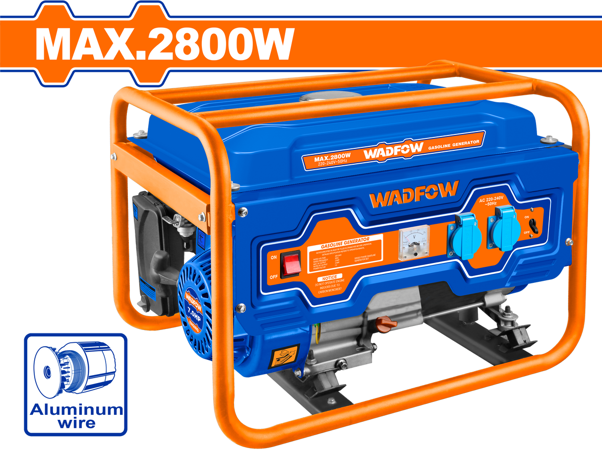 Generator pe benzina Wadfow, 4 timpi, monofazic, 2800W, 3000rpm, 210cc, 7CP, rezervor 15L, autonomie 12h