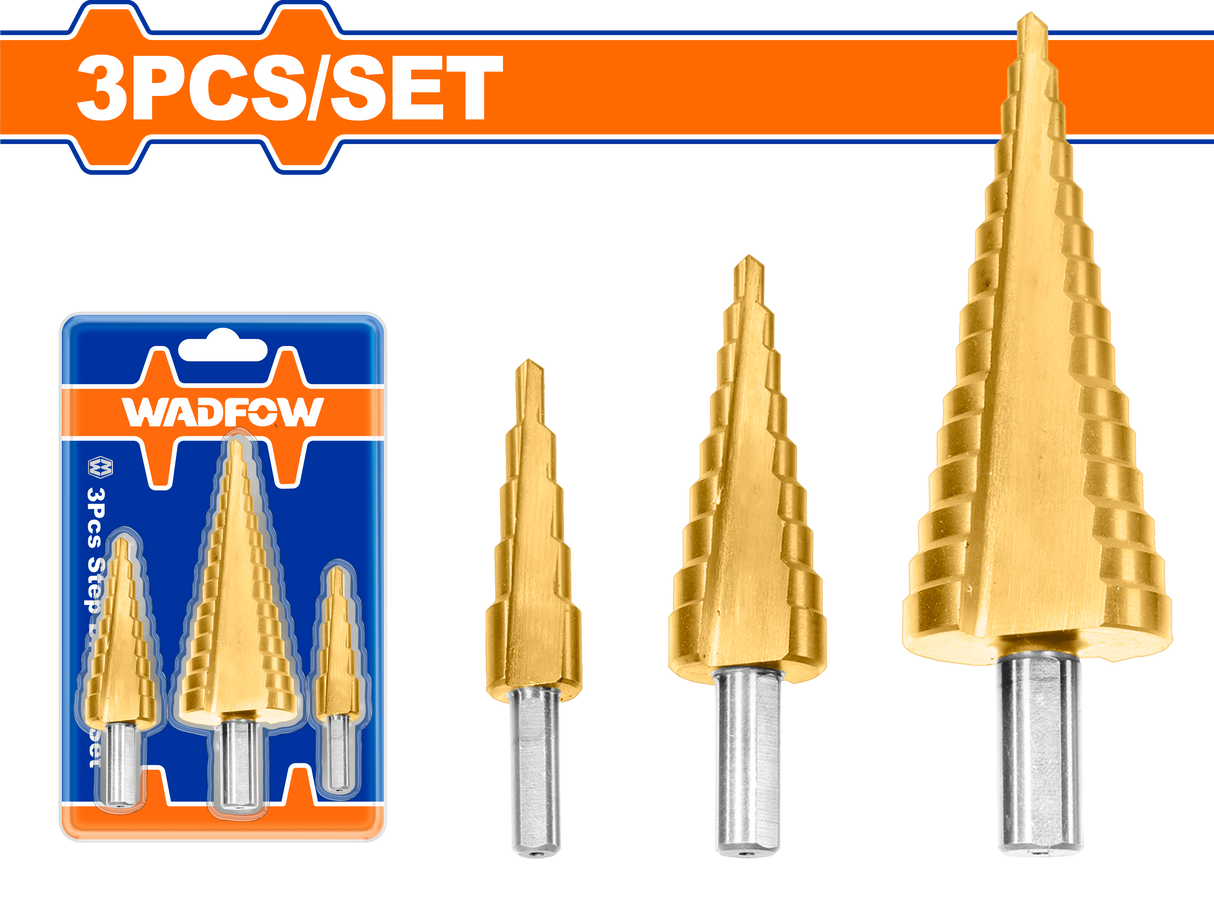 Set 3 burghie conice in trepte Wadfow, 4-12mm, 4-20mm, 4-32mm, 2mm/pas