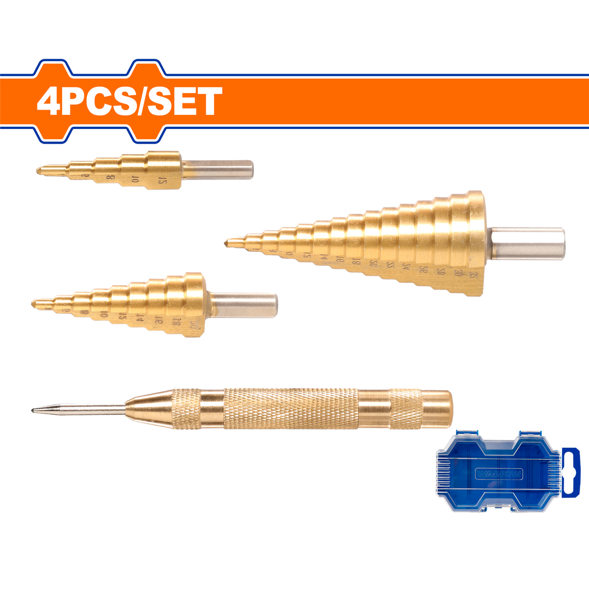 Set 3 burghie conice in trepte si punctator Wadfow, 4-12mm, 4-20mm, 4-32mm, 2mm/pas