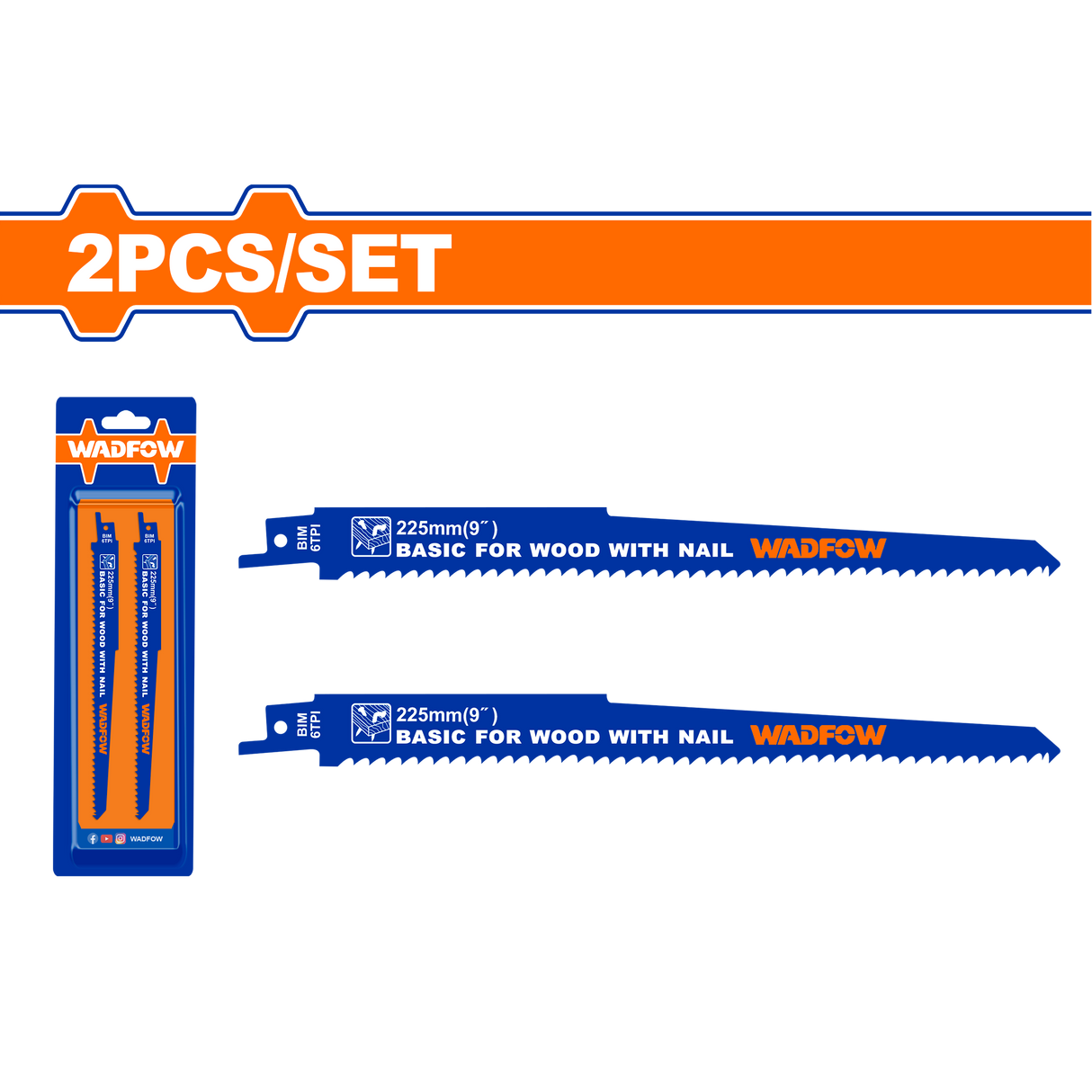 Set 2 lame fierastrau sabie pentru lemn Wadfow, 225mm, 6TPI