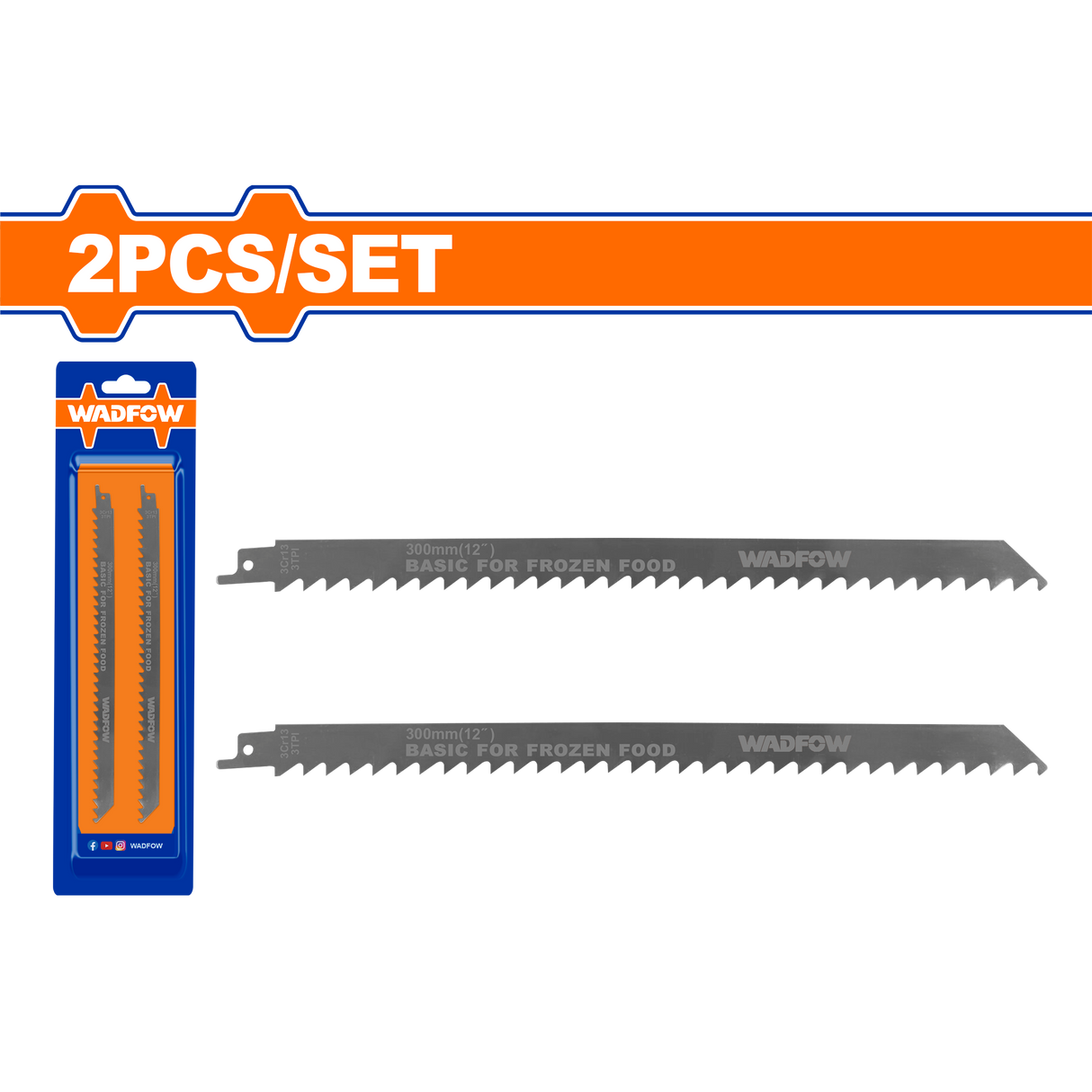 Set 2 lame fierastrau sabie Wadfow, pentru carne congelata, oase, gheata, 300mm, 3TPI