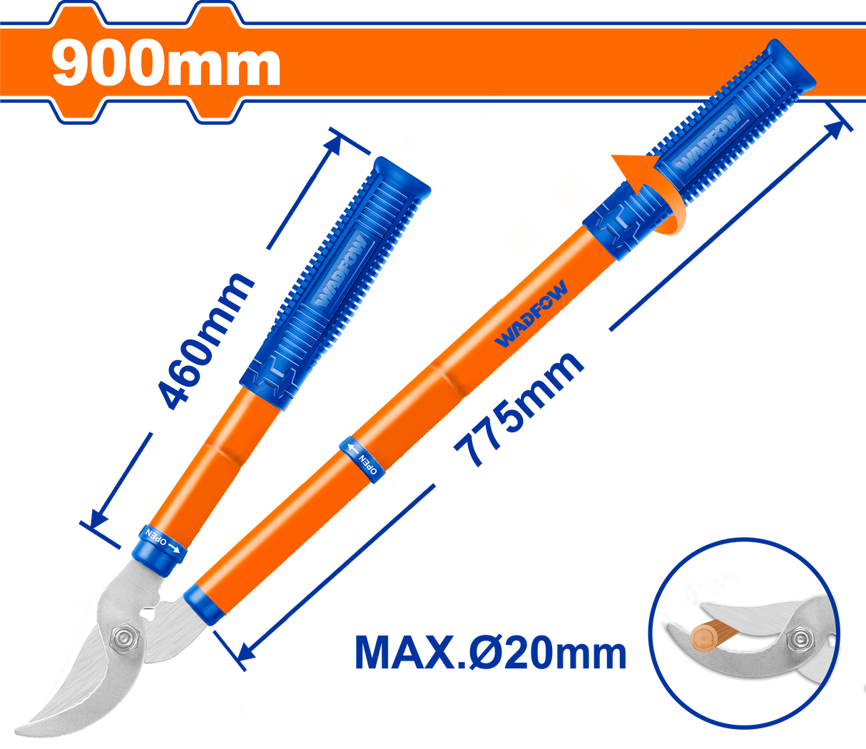 Foarfeca crengi Wadfow, dimensiune 580- 900mm, diametru taiere 20mm, otel carbon, manere telescopice