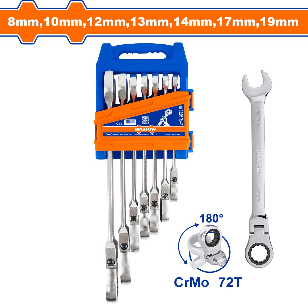 Set 7 chei combinate cap flexibil cu clichet Wadfow, 8-19mm, Cr-V, Cr-Mo