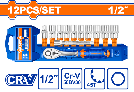 Black Friday - Reduceri Trusa chei tubulare Wadfow, antrenor cu clichet, prelungitor, 1/2”, otel Cr-V, 12 piese Promotie
