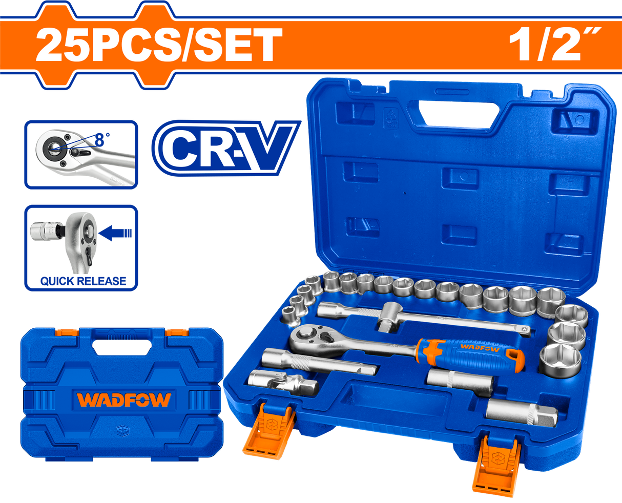 Trusa chei tubulare WADFOW, 1/2 antrenor cu clichet, 25 Piese