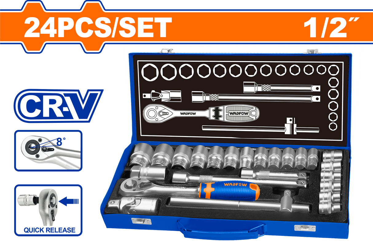 Trusa chei tubulare Wadfow, antrenor cu clichet, prelungitor, 1/2”, 24 piese, Cr-V