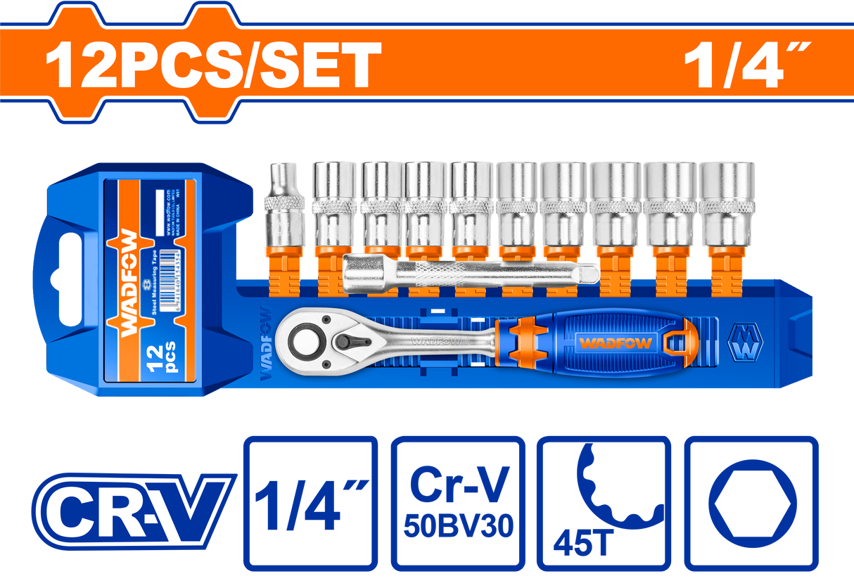 Trusa chei tubulare Wadfow, antrenor cu clichet, prelungitor, 1/4”, otel Cr-V, 12 piese