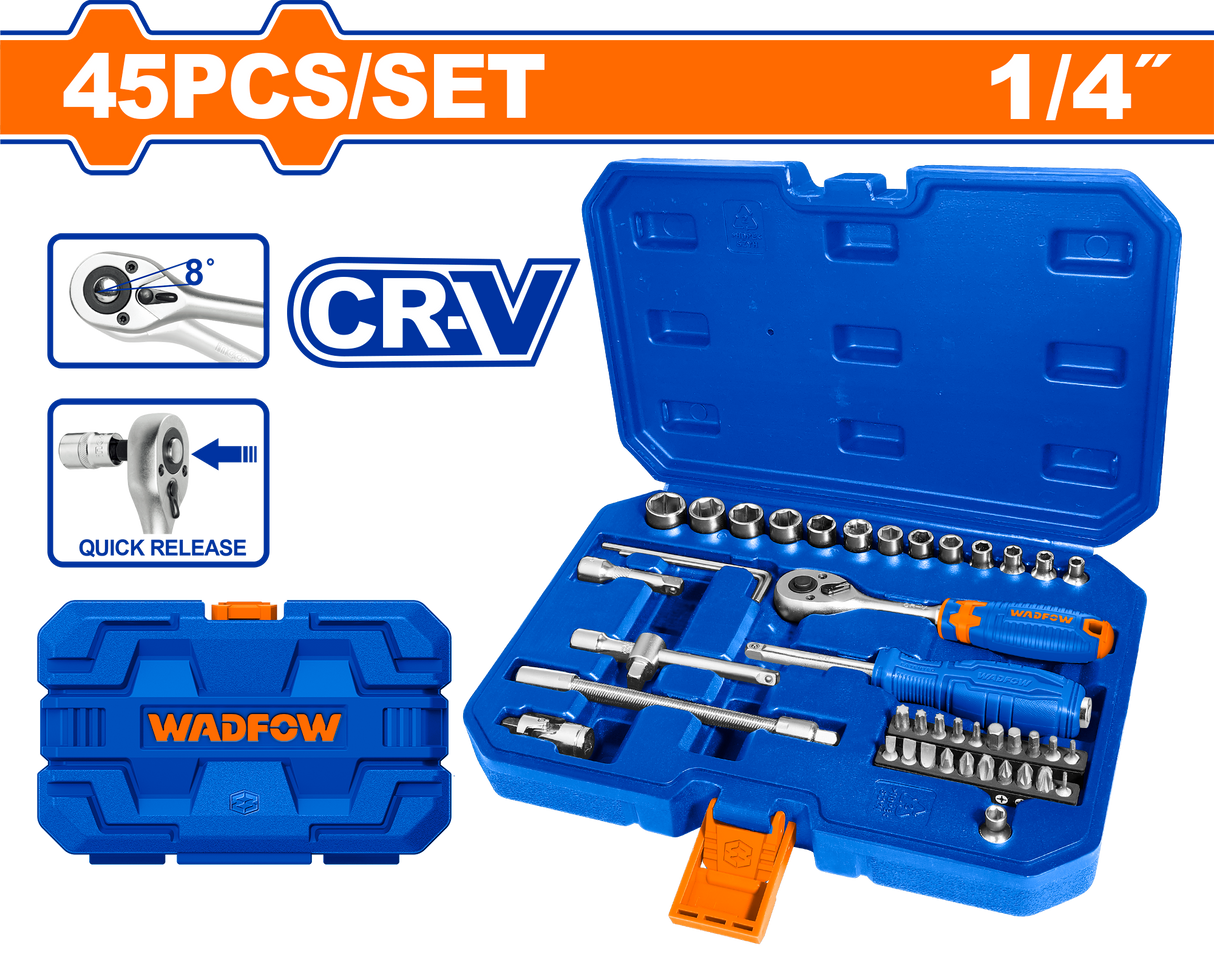 Trusa chei tubulare cu antrenor Wadfow, 1/4”, 45 piese, crom vanadiu