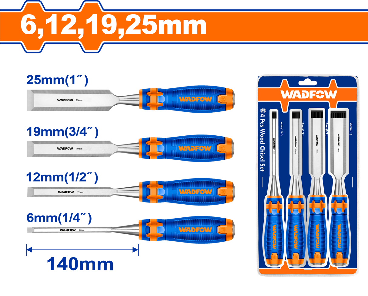 Set 4 dalti pentru lemn Wadfow, lungime 140mm, dimensiuni 6mm, 12mm, 19mm, 25mm