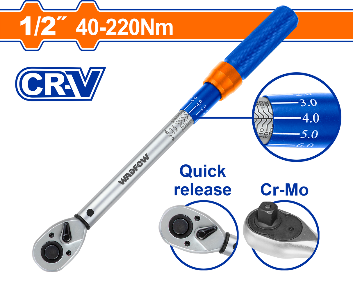 Cheie dinamometrica Wadfow, 1/2'', lungime 430mm, cuplu 40-220Nm, otel Cr-V, Cr-Mo