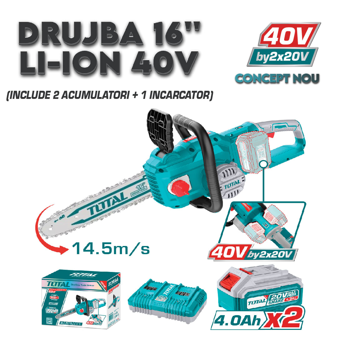 TOTAL - DRUJBA 16'' - LI-ION 40V (INCLUDE 2 ACUMULATORI + 1 INCARCATOR)